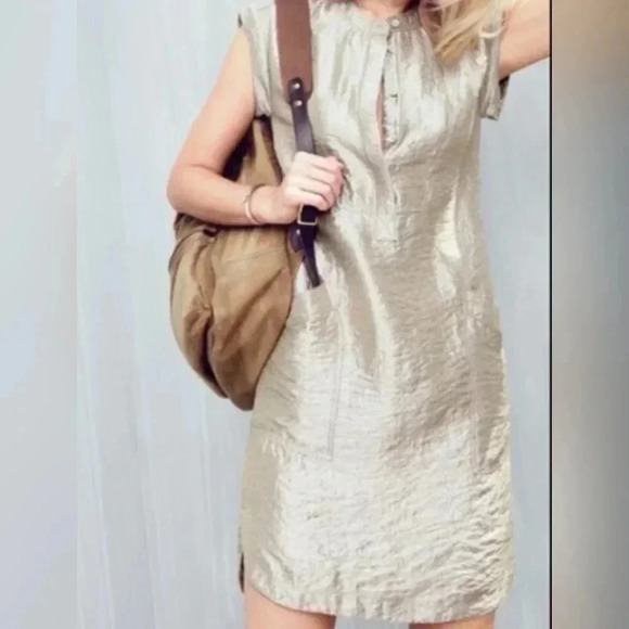 J. Crew Champagne Gold  Metallic Stealth High & Low hem  Shirt dress Sz 8 - Picture 5 of 10